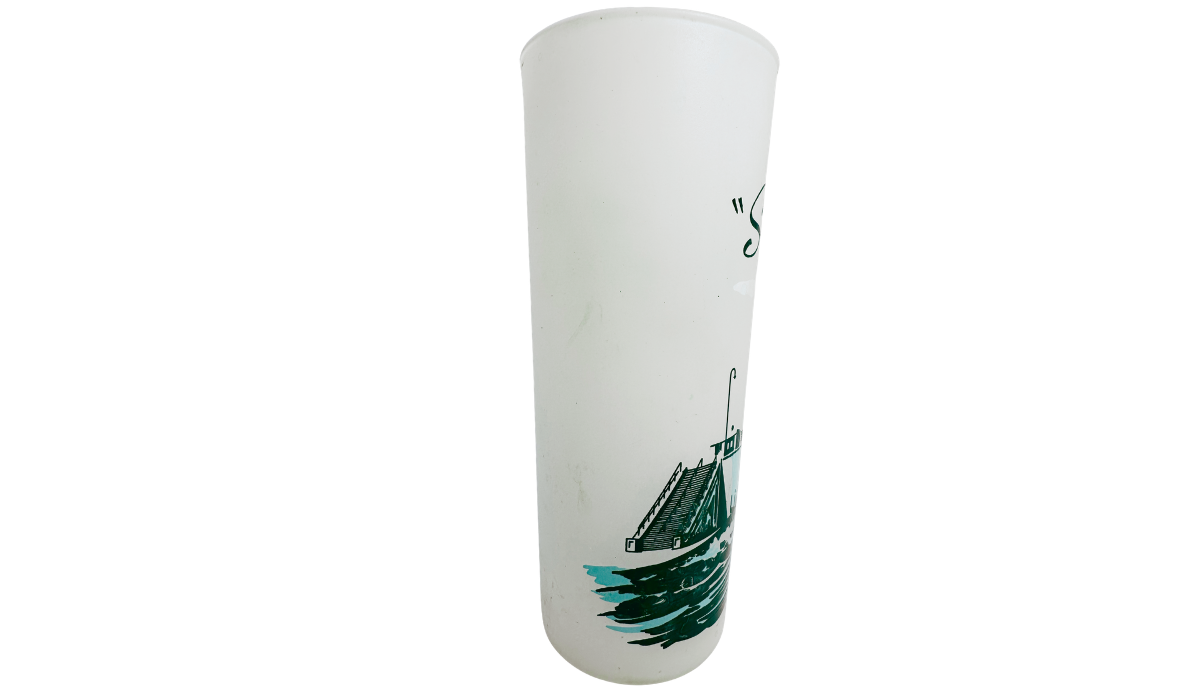 Vintage Soo Locks Glass side view with frosted finish, lock structure, and water artwork