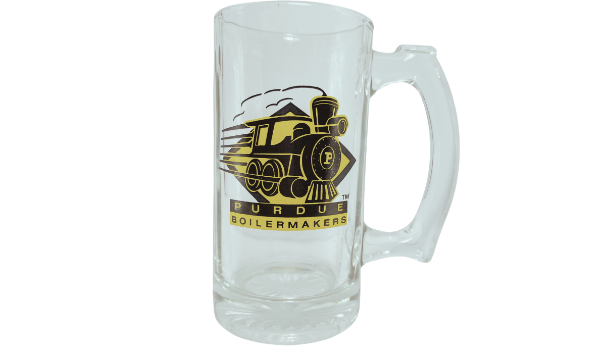 Purdue Boilermakers Train Logo Glass Beer Mug with black and gold locomotive and block P