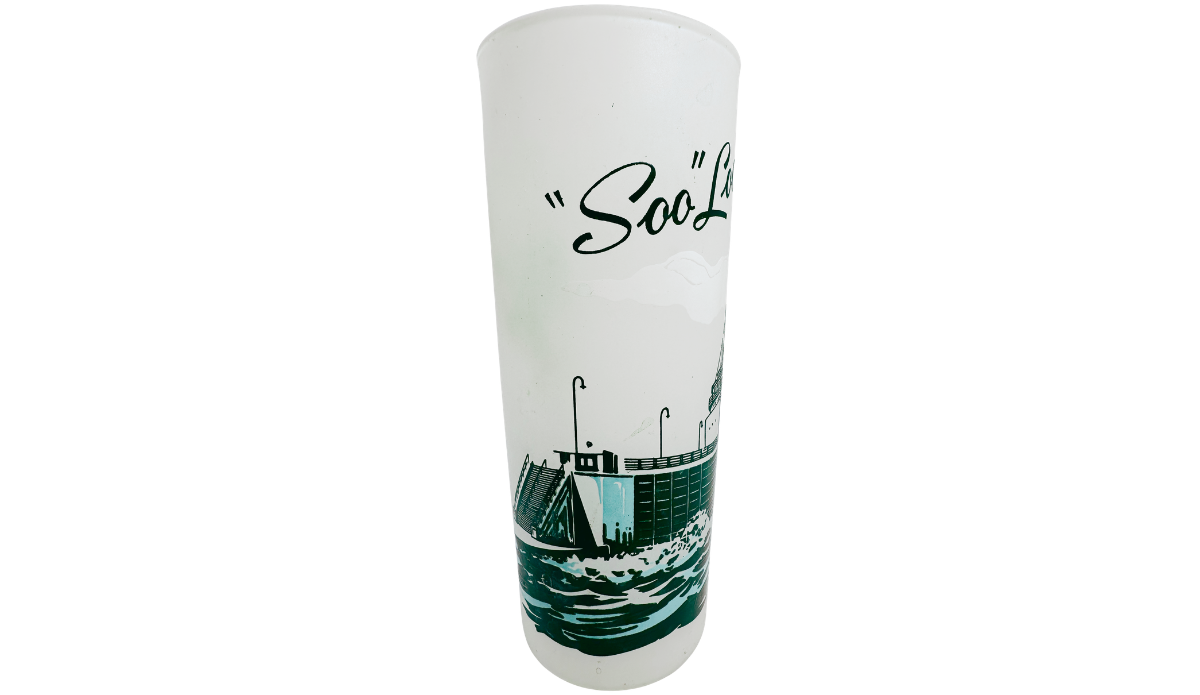 Vintage Soo Locks Glass with scripted Soo Locks lettering, lock structure, and water scene