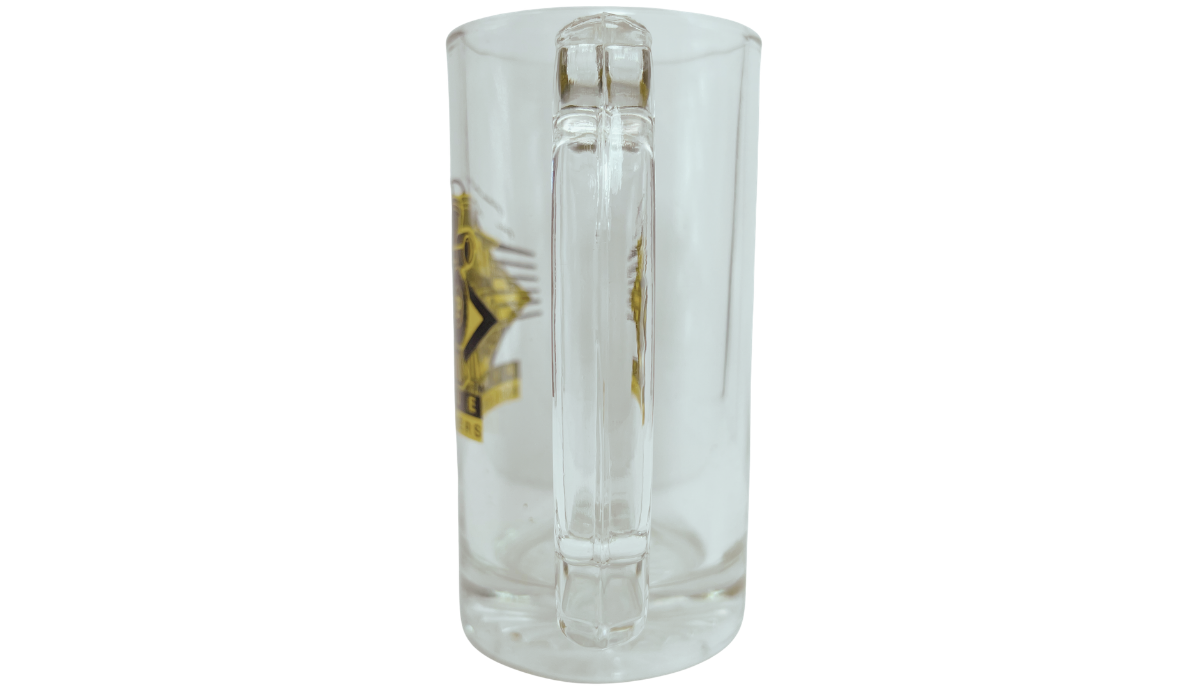 Purdue Boilermakers glass beer mug handle view with thick rectangular clear handle