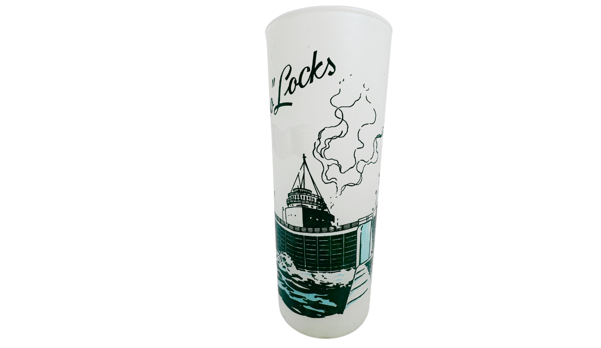 Vintage Soo Locks Glass with large ship, curling smoke, lock wall, and water illustration