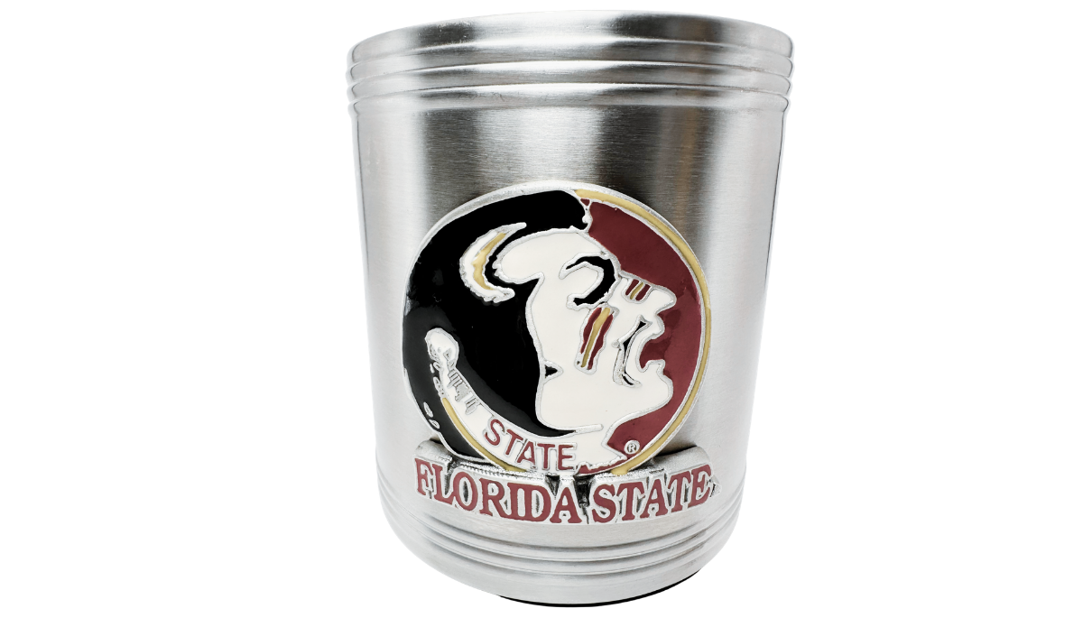 Florida State Can Cooler front view with raised Seminoles head emblem and Florida State lettering