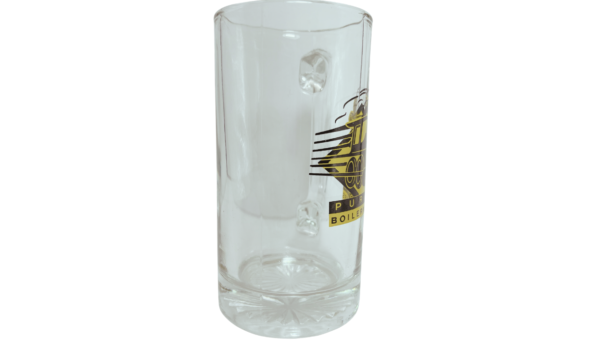 Purdue Boilermakers glass beer mug middle view with clear body and partial locomotive graphic