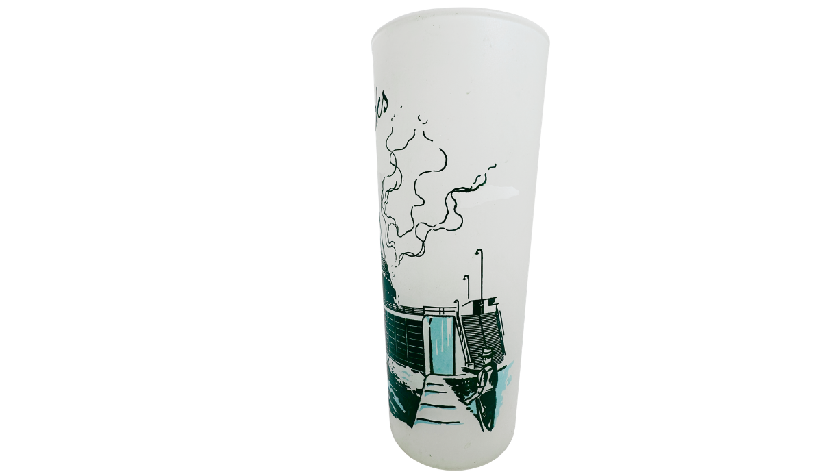 Vintage Soo Locks Glass with lock wall, stairs, railings, and maritime artwork