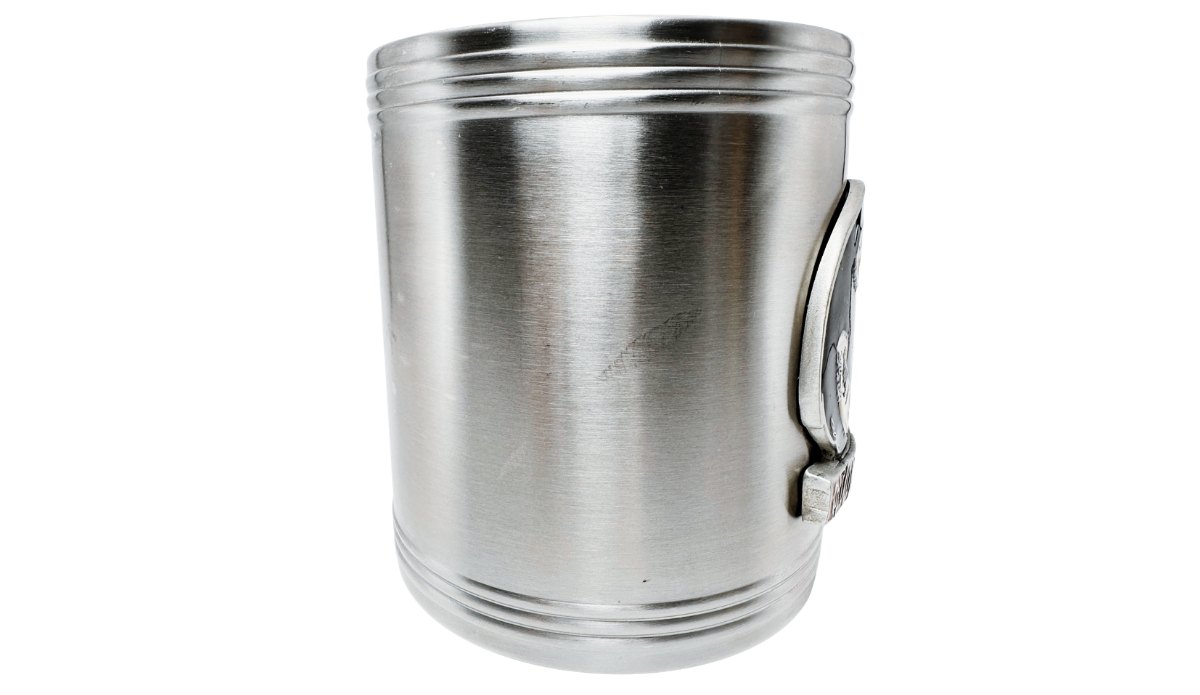 Florida State Can Cooler middle view showing brushed stainless steel body and raised front medallion edge