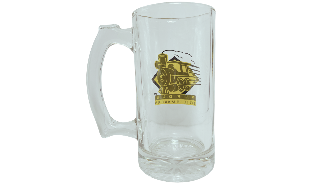 Purdue Boilermakers glass beer mug back view with locomotive artwork visible through clear glass