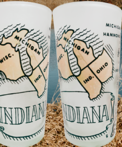Vintage Indiana Pink Map Glass shown in two views beside a scenic lake and natural landscape