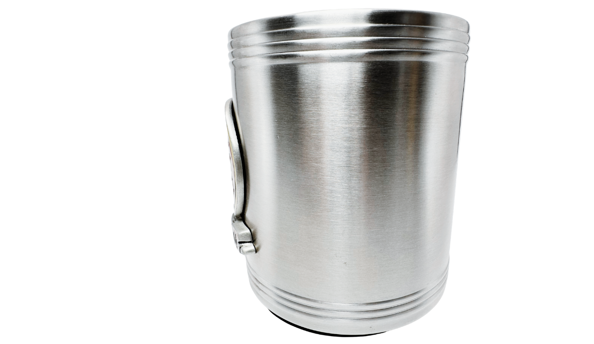Florida State Can Cooler additional view with silver stainless steel body and dimensional Seminoles emblem edge