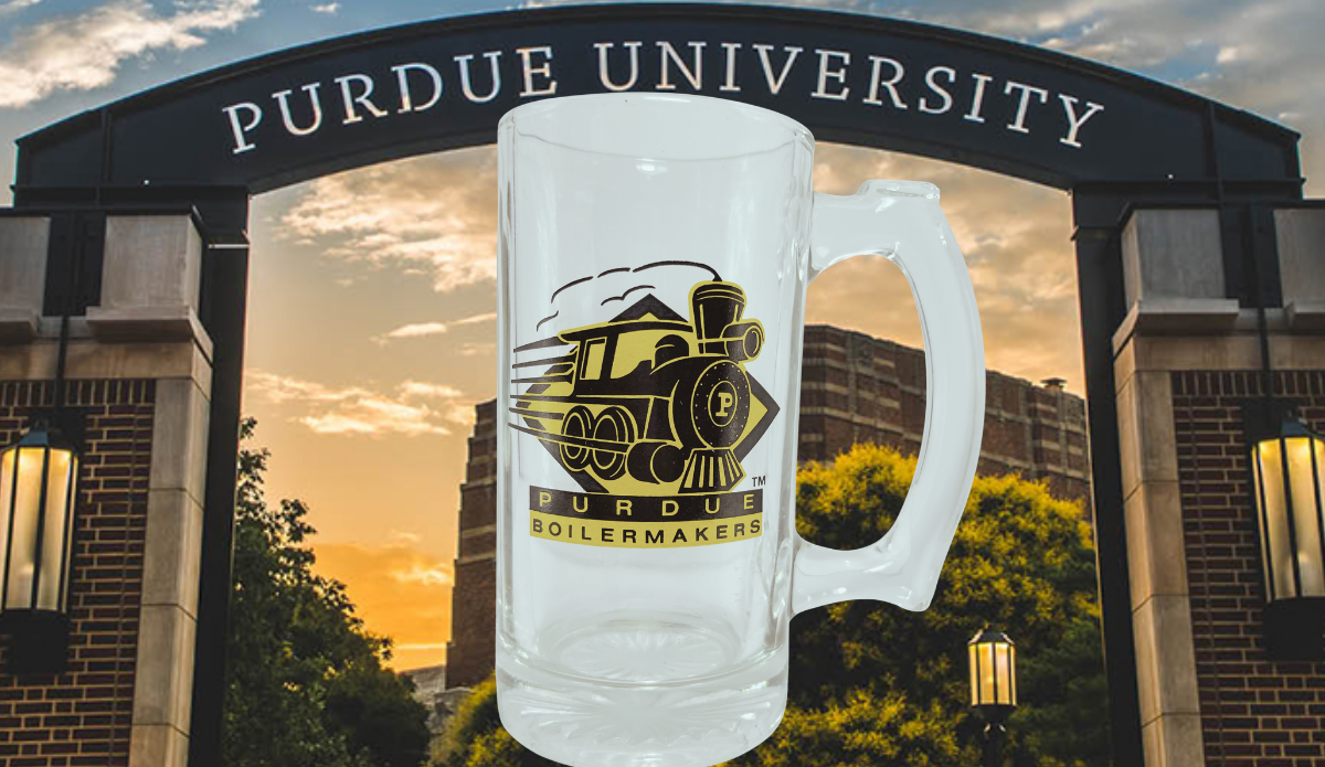 Purdue Boilermakers Train Logo Glass Beer Mug displayed against a Purdue University entrance
