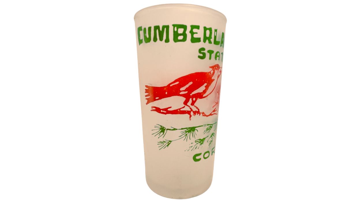 Cumberland Falls Souvenir Glass with red cardinal and green park lettering on frosted Hazel-Atlas glass