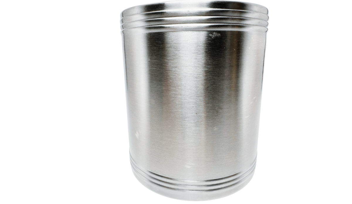 Florida State Can Cooler back view with brushed stainless steel body and horizontal grooved bands