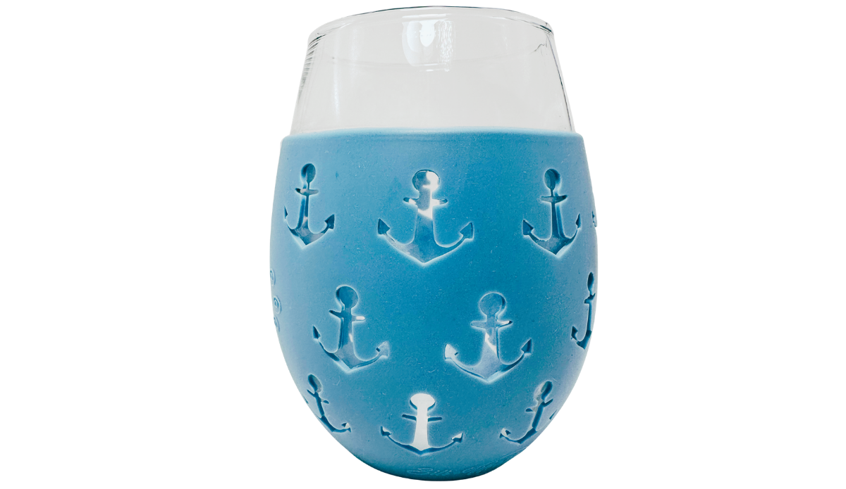 Blue Anchor Stemless Wine Glass front view with bright blue wrap and repeated anchor cutouts