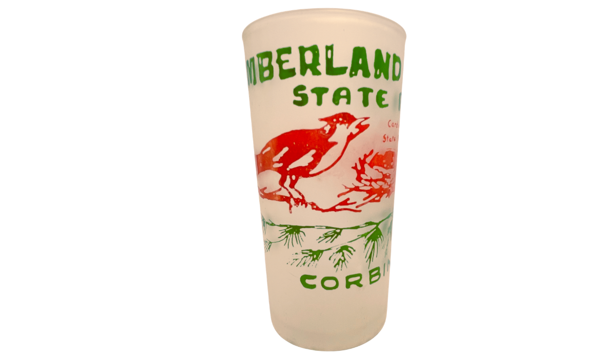 Vintage Cumberland Falls State Park glass with red cardinal, nest and green Corbin Kentucky lettering