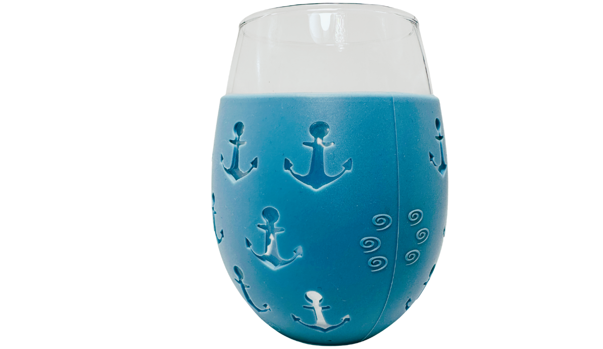 Blue Anchor Stemless Wine Glass right seam view with anchor and swirl cutout details