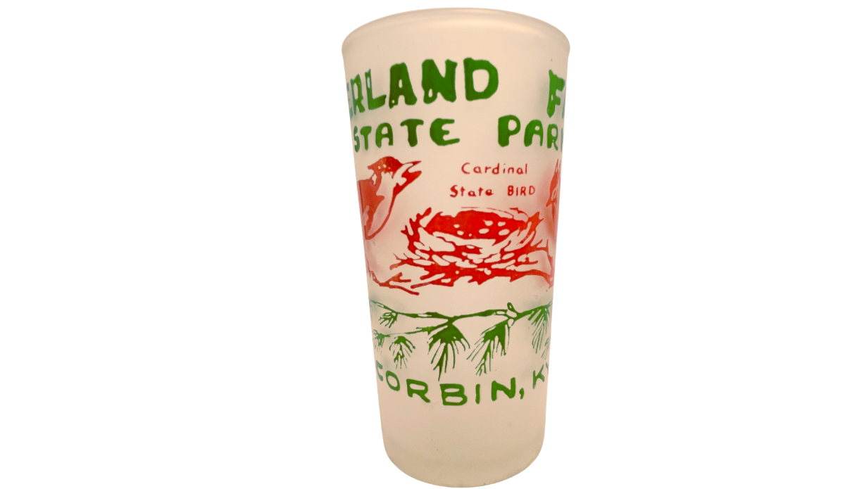 Cumberland Falls Souvenir Glass showing red cardinal nest and Cardinal State Bird lettering