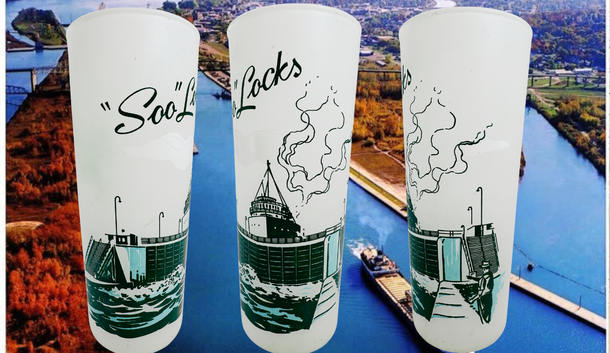 Vintage Soo Locks Glass displayed in multiple views against an aerial Soo Locks waterway scene