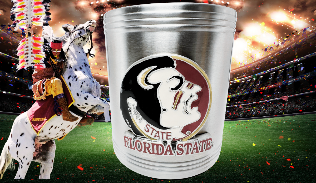 Florida State Can Cooler in football stadium scene with Osceola riding Renegade