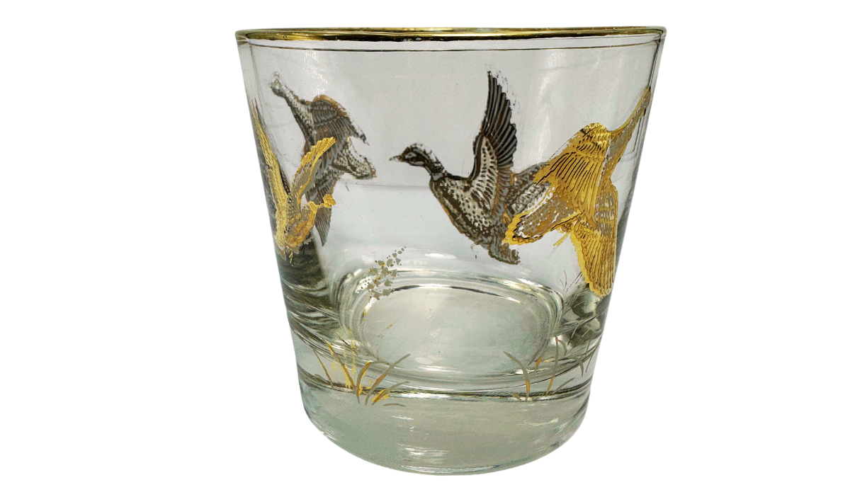 Vintage Game Bird Whiskey Glass with dark and gold birds in flight