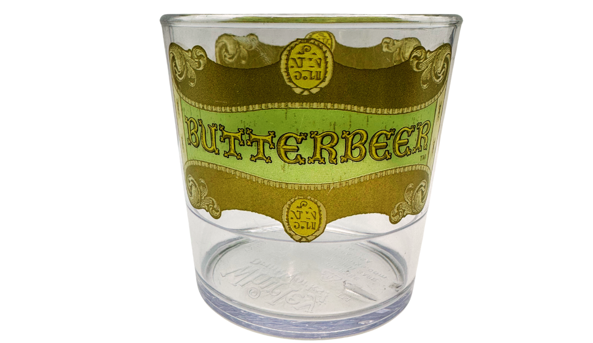 Harry Potter Clear Butterbeer Souvenir Cup back view with reversed Butterbeer artwork visible through plastic