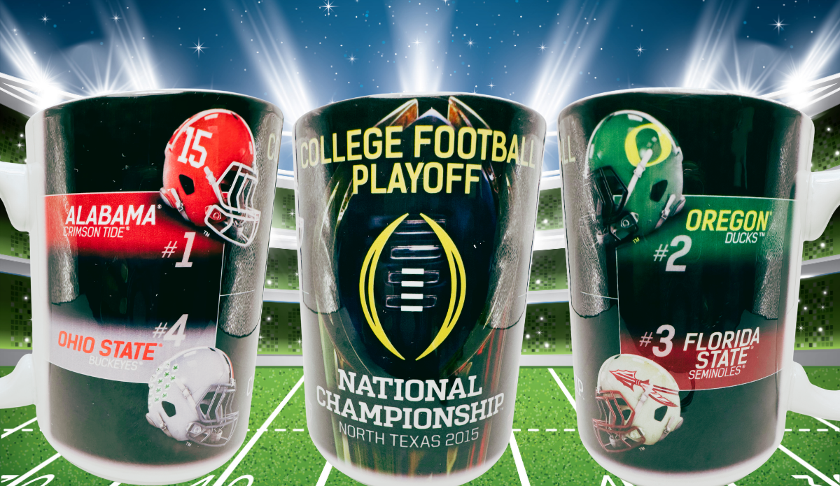 2015 College Football Playoff National Championship Mug lifestyle scene with four featured college football teams
