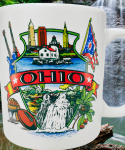 Famous Ohio Sights Souvenir Mug displayed at a wooded waterfall with colorful Ohio skyline, flag, guitars, and football design