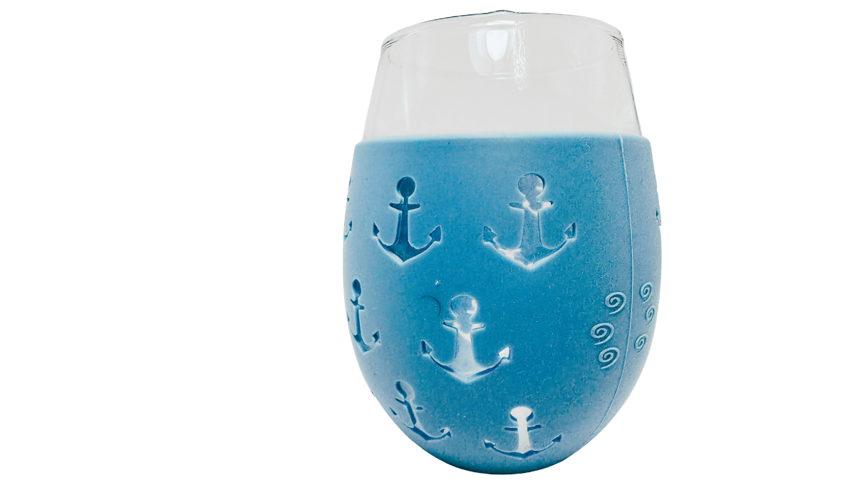 Blue Anchor Stemless Wine Glass right side view with blue nautical wrap and anchor cutouts
