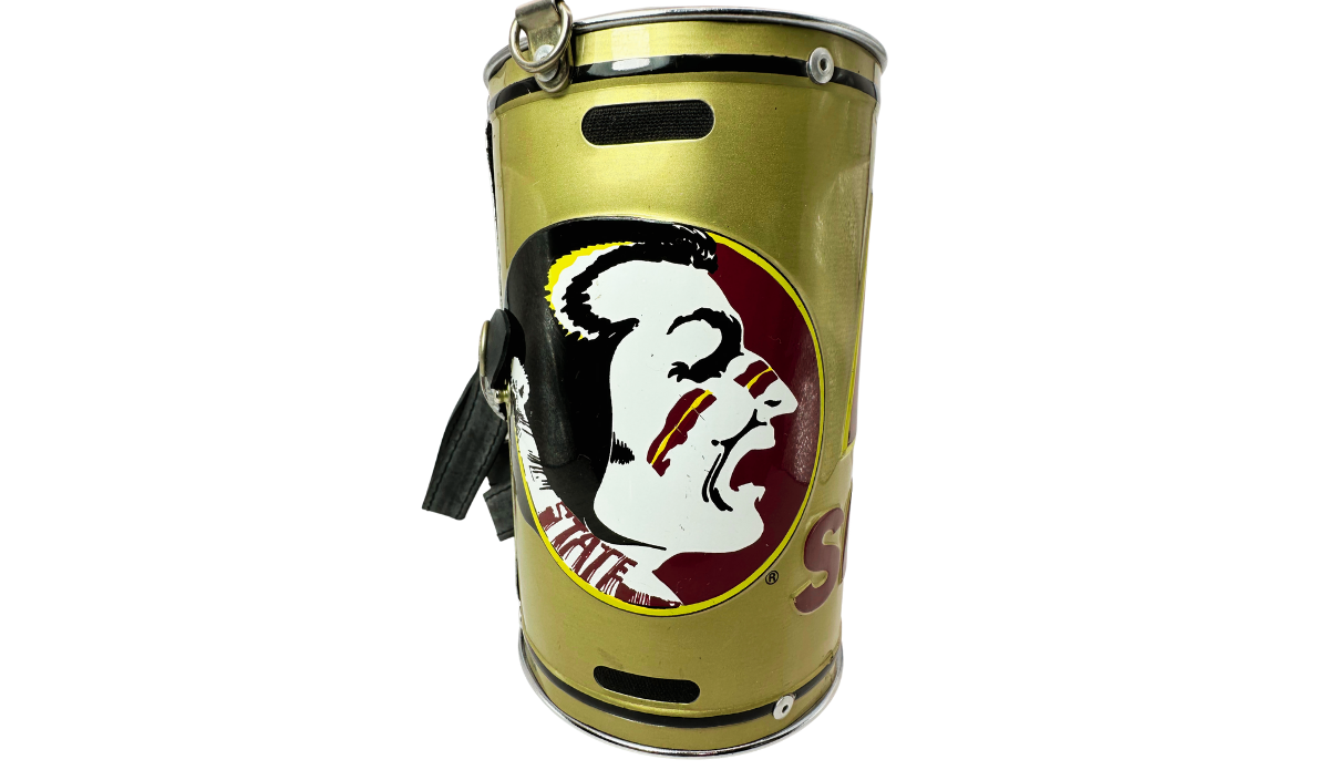 Florida State Gold Crossbody Purse with classic Seminoles head graphic on metallic gold barrel body