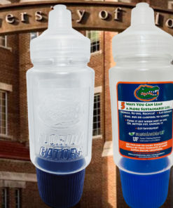 Florida Gators Reusable Water Bottle front and back views at University of Florida campus entrance