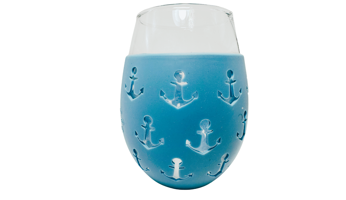Blue Anchor Stemless Wine Glass anchor pattern view with clear upper glass and bright blue wrap
