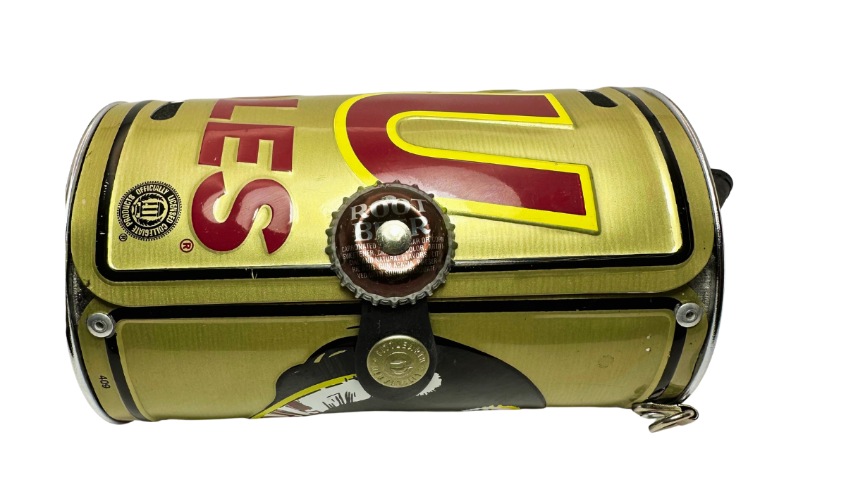 Florida State Gold Crossbody Purse closure view with FSU lettering and Root Beer bottle-cap accent
