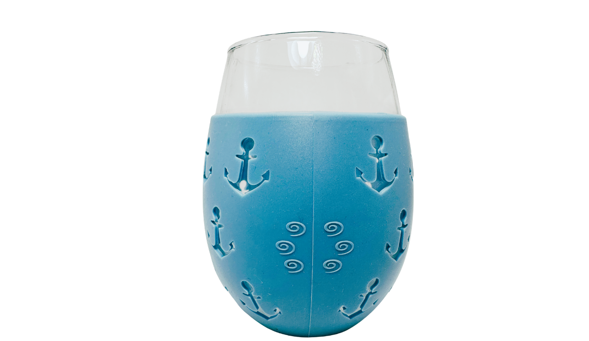 Blue Anchor Stemless Wine Glass center seam view with anchors and paired swirl cutouts
