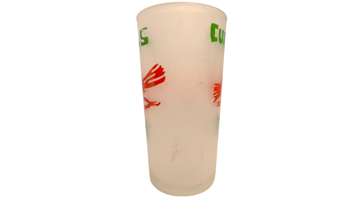 Frosted Cumberland Falls souvenir glass showing wraparound transition area between cardinal artwork