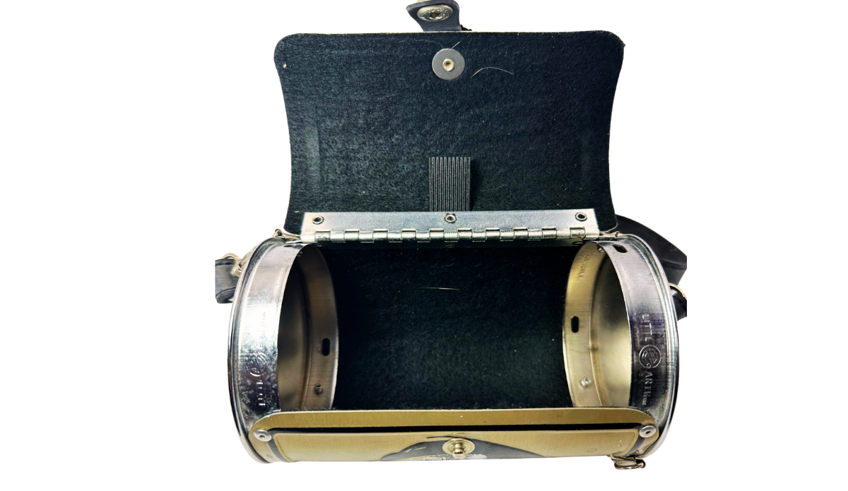 Florida State Gold Crossbody Purse inside view with dark felt lining and hinged barrel compartment