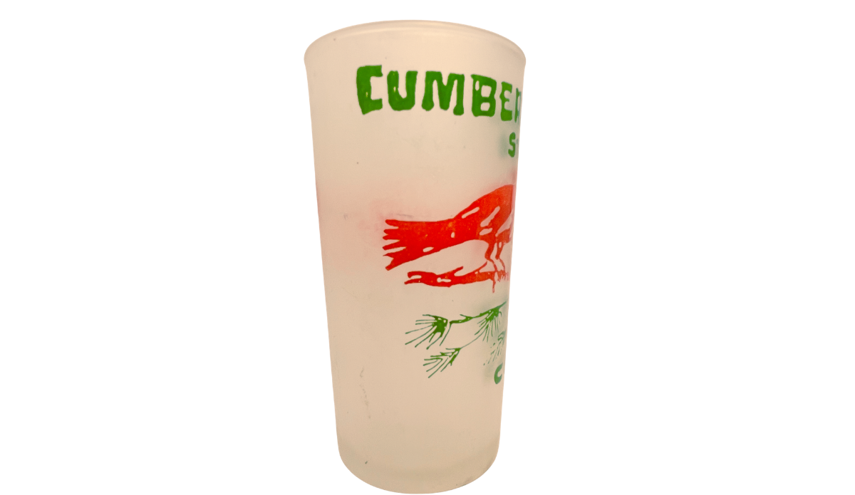 Cumberland Falls Souvenir Glass with red cardinal and green Cumberland lettering on frosted glass