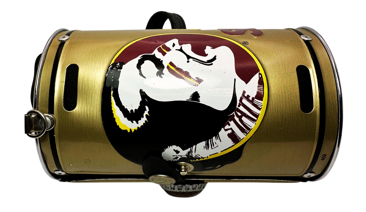 Florida State Gold Crossbody Purse Seminoles logo view with metallic barrel body and black accents