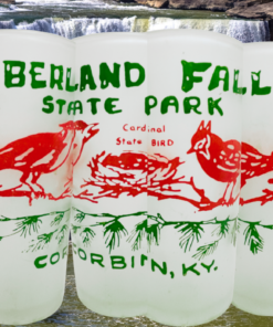 Cumberland Falls Souvenir Glass shown in multiple views against Cumberland Falls waterfall scenery