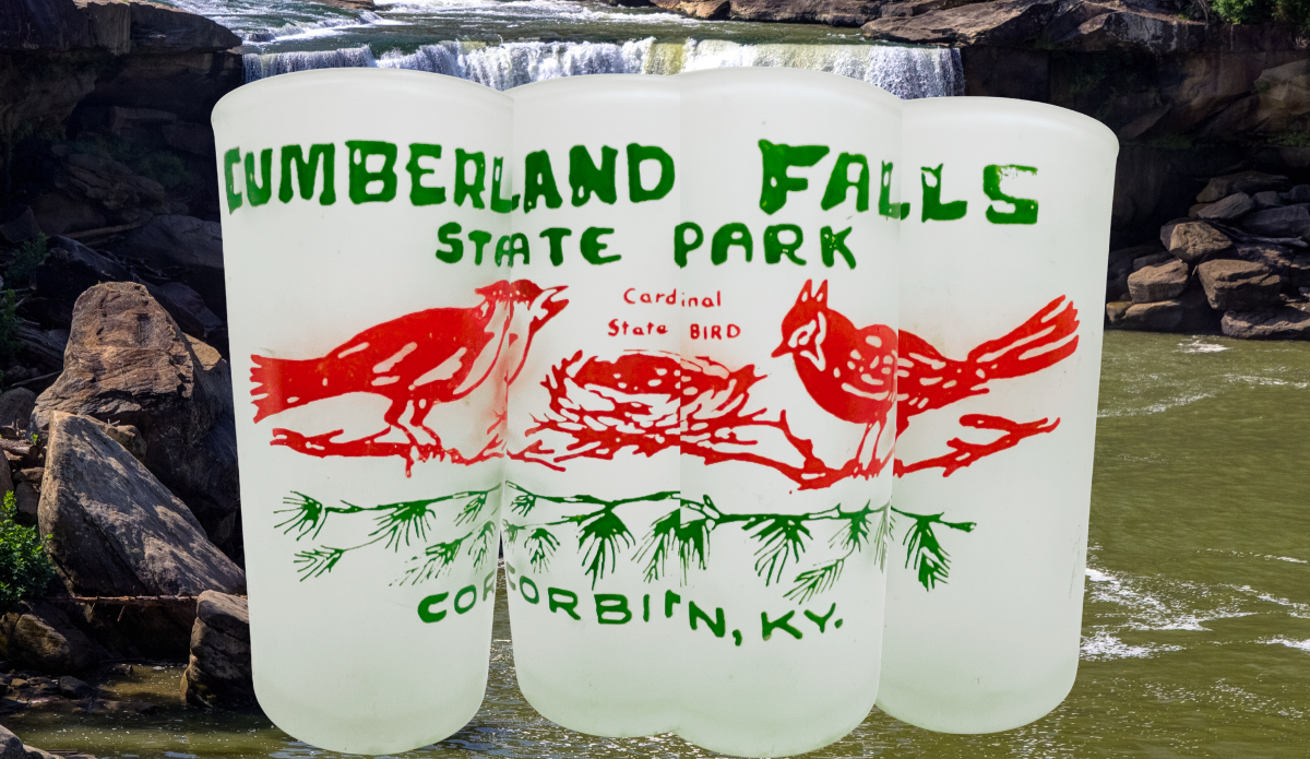 Cumberland Falls Souvenir Glass shown in multiple views against Cumberland Falls waterfall scenery