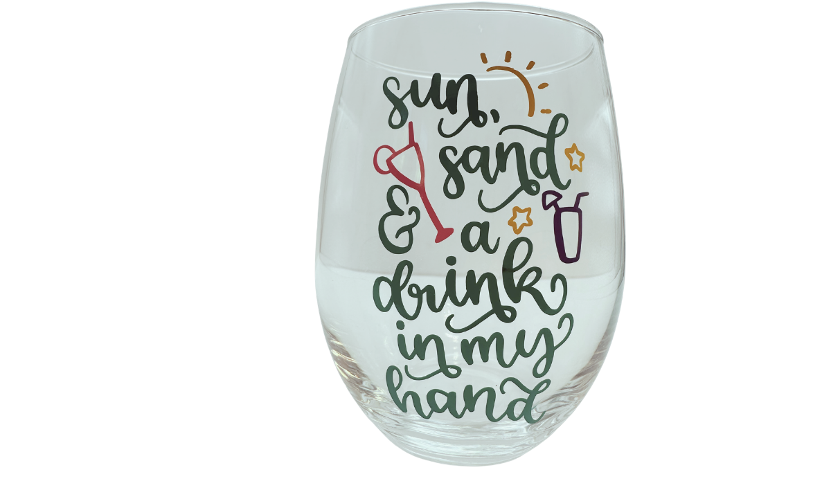 Sun Sand Drink Stemless Wine Glass front view with beach quote and colorful cocktail illustrations
