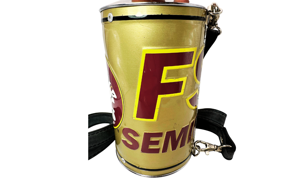 Florida State Gold Crossbody Purse FSU lettering view with garnet graphics and metallic gold finish