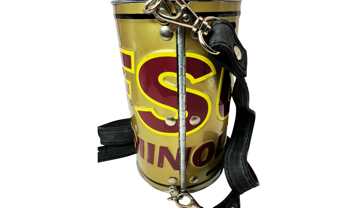 Florida State Gold Crossbody Purse hardware view with black strap silver-tone hinge and Seminoles lettering
