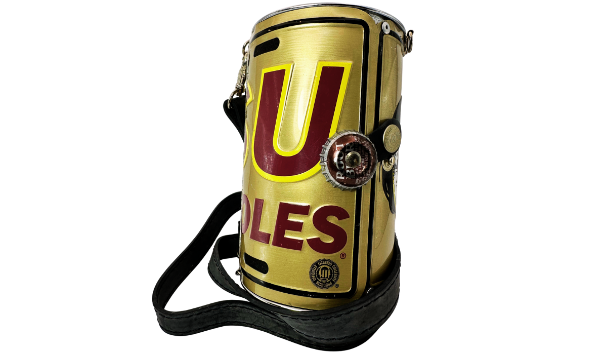 Florida State Gold Crossbody Purse side view with Root Beer bottle-cap closure and officially licensed marking