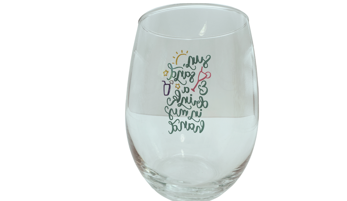 Sun Sand Drink Stemless Wine Glass back view with beach quote visible in reverse through clear glass