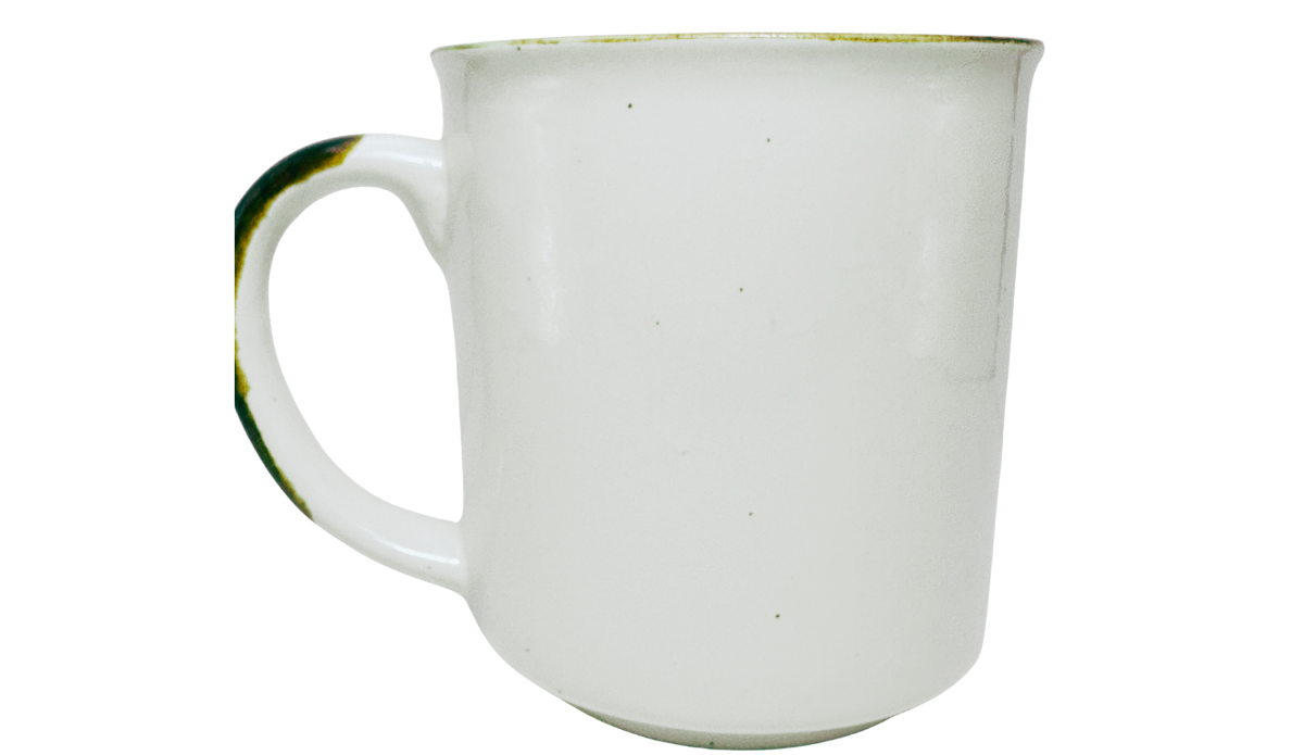 New Hampshire Souvenir Mug back view with white body, curved handle, and brown-edged rim