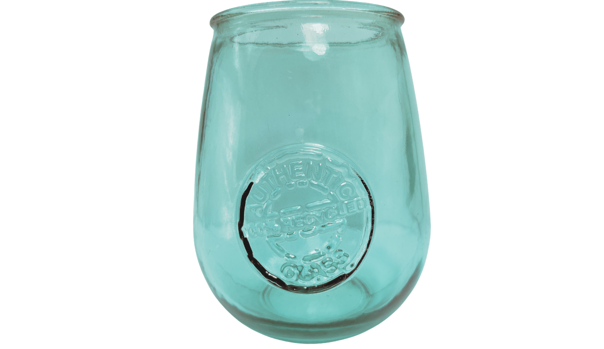 San Miguel Stemless Wine Glass in teal recycled glass with embossed circular recycled-glass medallion