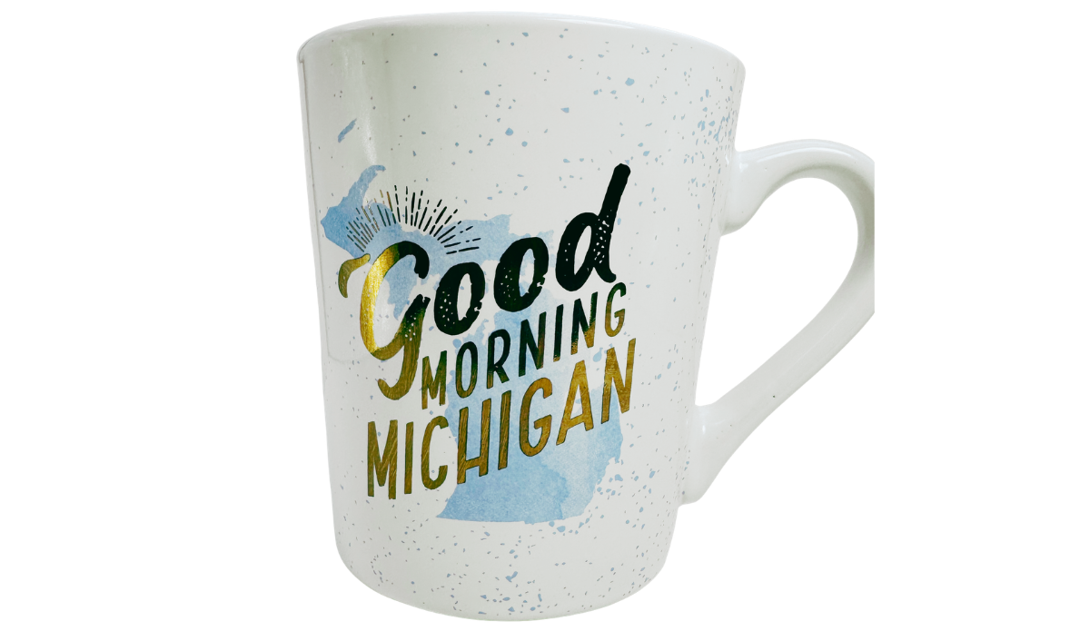 Good Morning Michigan Coffee Mug front view with blue Michigan silhouette, speckles, and metallic accents