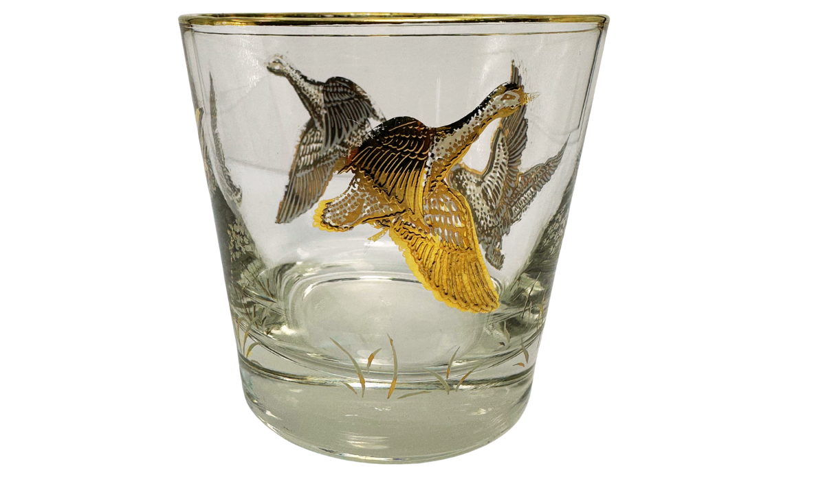 Game Bird Whiskey Glass with detailed gold bird and vintage wildlife artwork