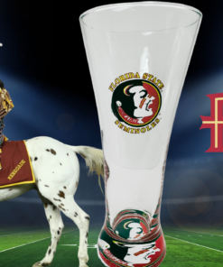 Florida State Pilsner Glass in football stadium with Osceola riding Renegade