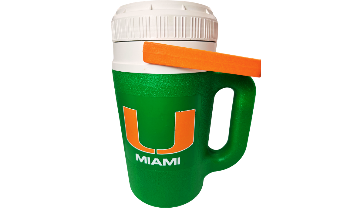 University of Miami Insulated Cooler with orange U logo, white Miami lettering, green body, and orange carry handle