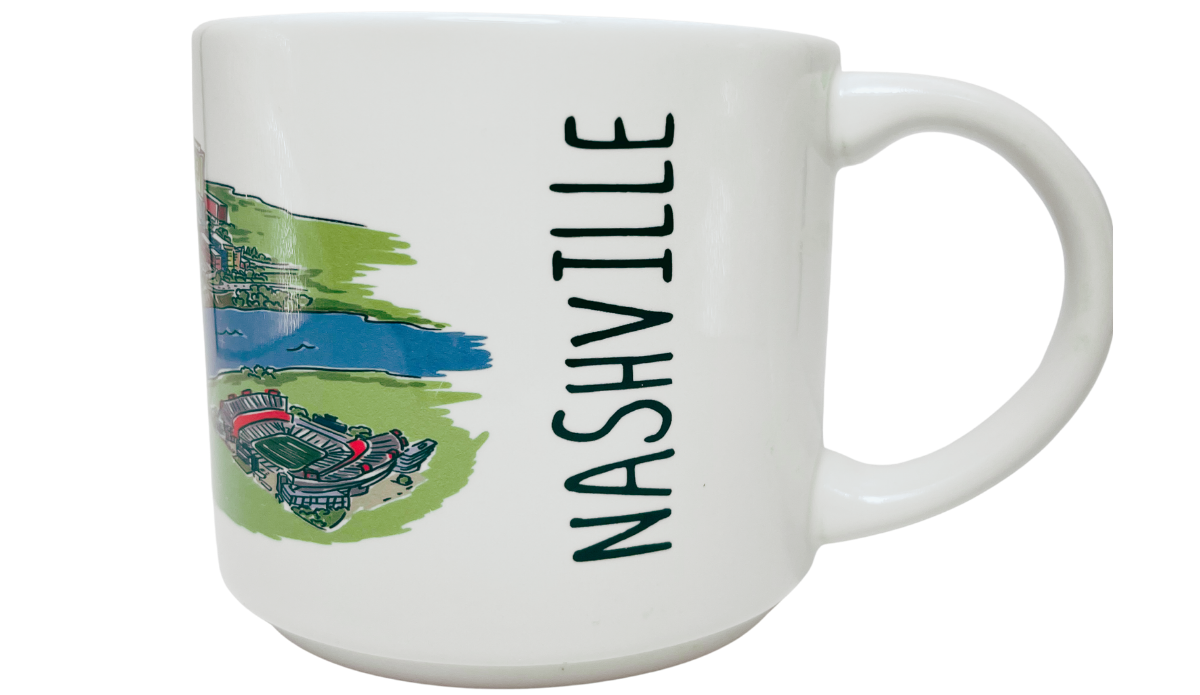 Nashville Tennessee Souvenir Mug front view with vertical Nashville lettering, stadium, river, and colorful city illustration