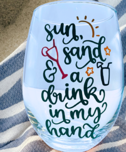 Sun Sand Drink Stemless Wine Glass front view with colorful beach quote and cocktail artwork